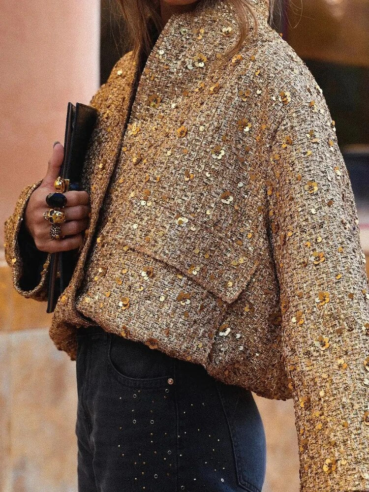 Women's bomber jacket glamorous sequin decoration high-quality fiber