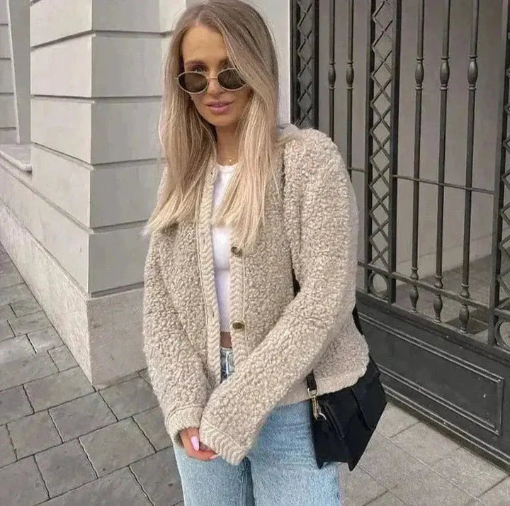 Women's Cardigan Teddy Fabric Cozy With Front Pockets and Long Sleeves