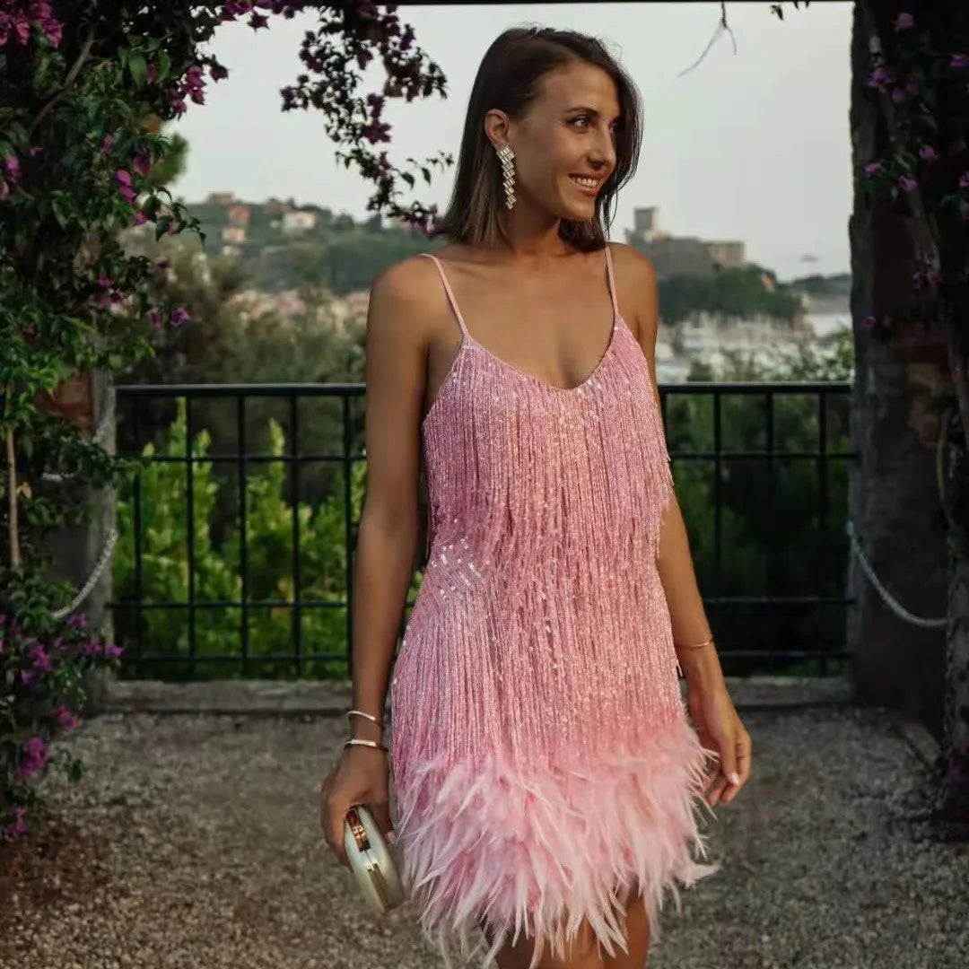 Damen Cocktailkleid Pailletten Fransen Figurbetont Glamourös 4