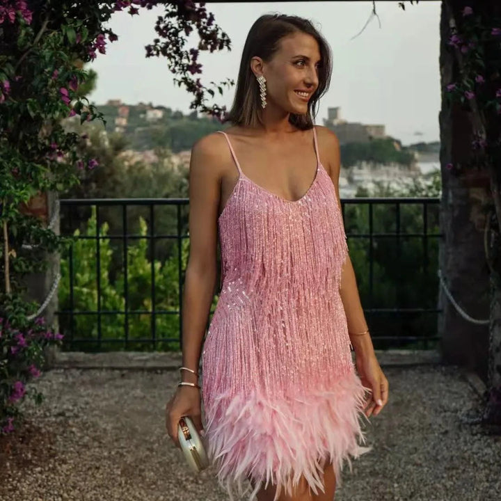 Damen Cocktailkleid Pailletten Fransen Figurbetont Glamourös 4