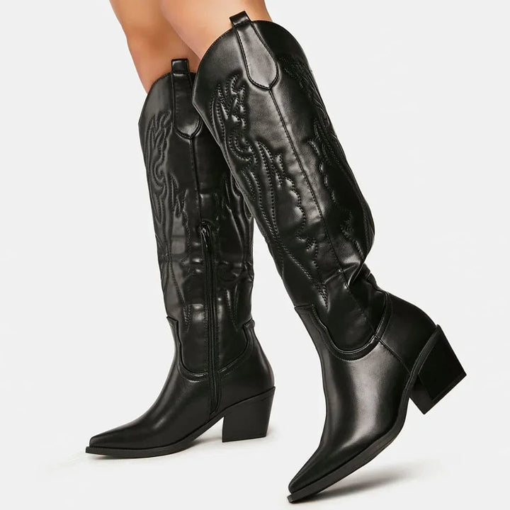 Women's cowboy boots leather knee-high winter suitable elegant
