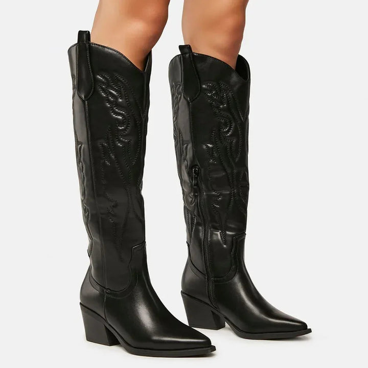 Women's cowboy boots leather knee-high winter suitable elegant