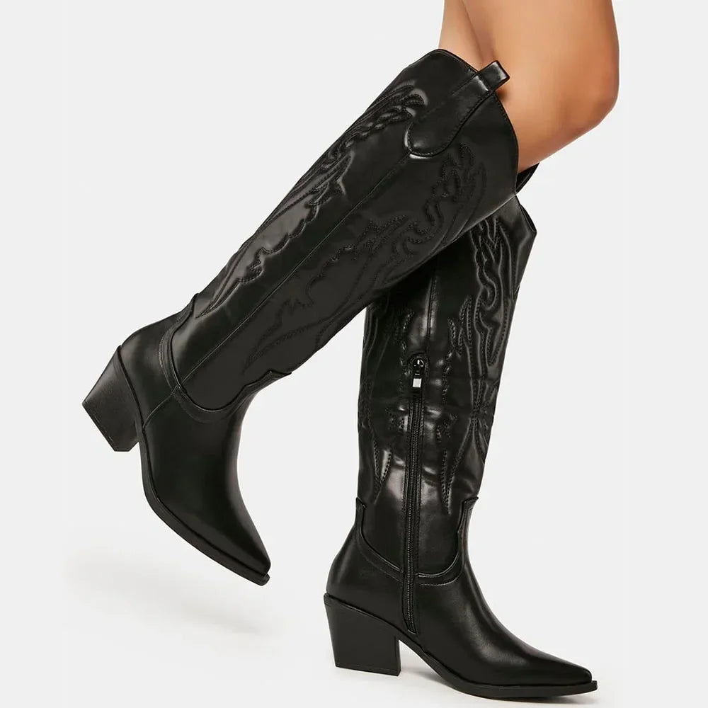 Women's cowboy boots leather knee-high winter suitable elegant