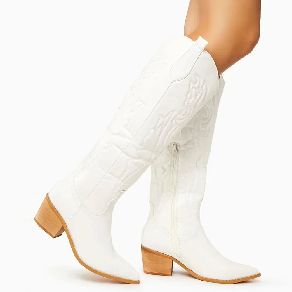 Women's cowboy boots leather knee-high winter suitable elegant