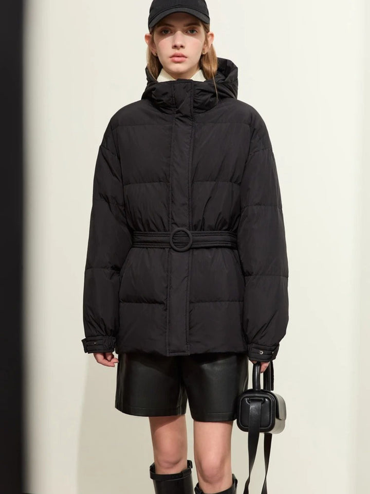 Women's down jacket with belt and hood, high-quality duck down, modern fit