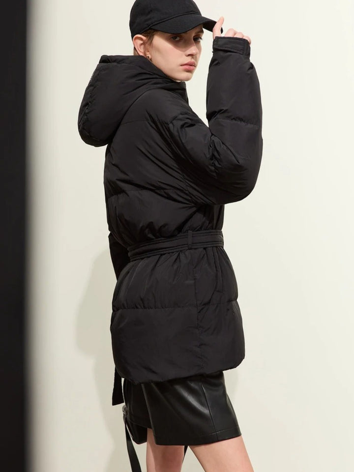 Women's down jacket with belt and hood, high-quality duck down, modern fit