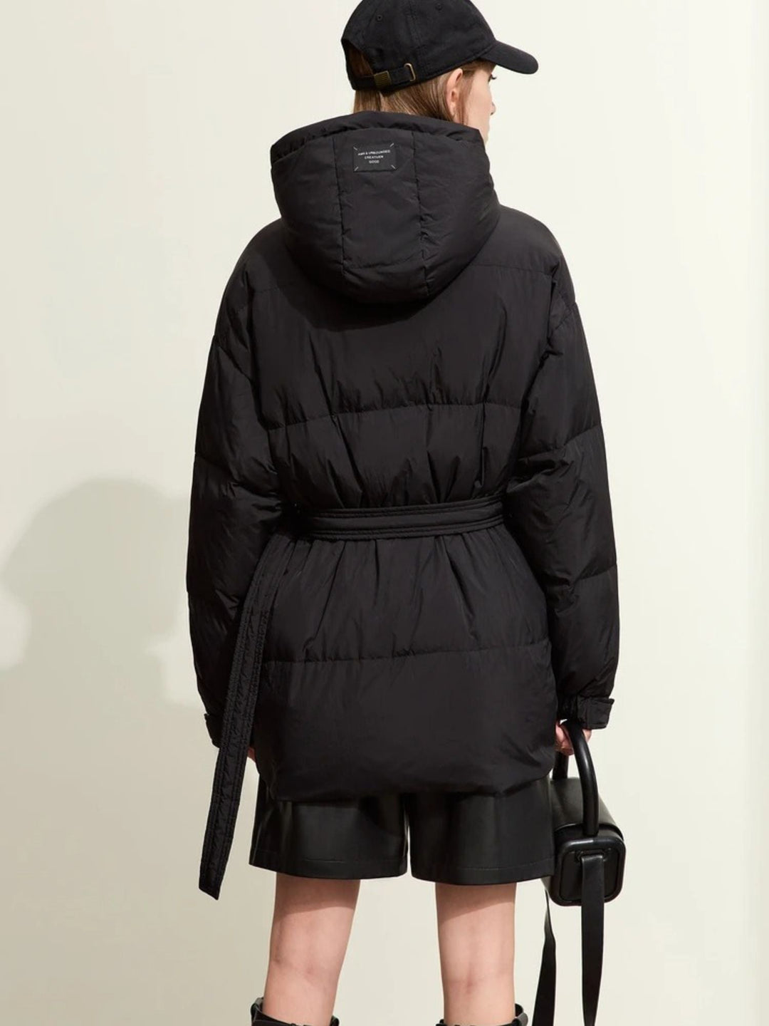 Women's down jacket with belt and hood, high-quality duck down, modern fit