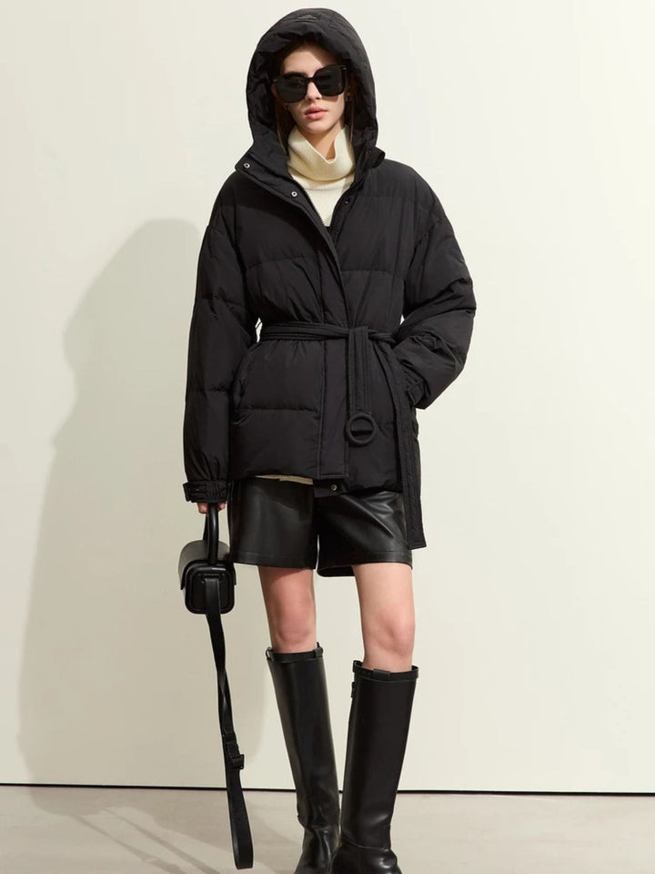 Women's down jacket with belt and hood, high-quality duck down, modern fit