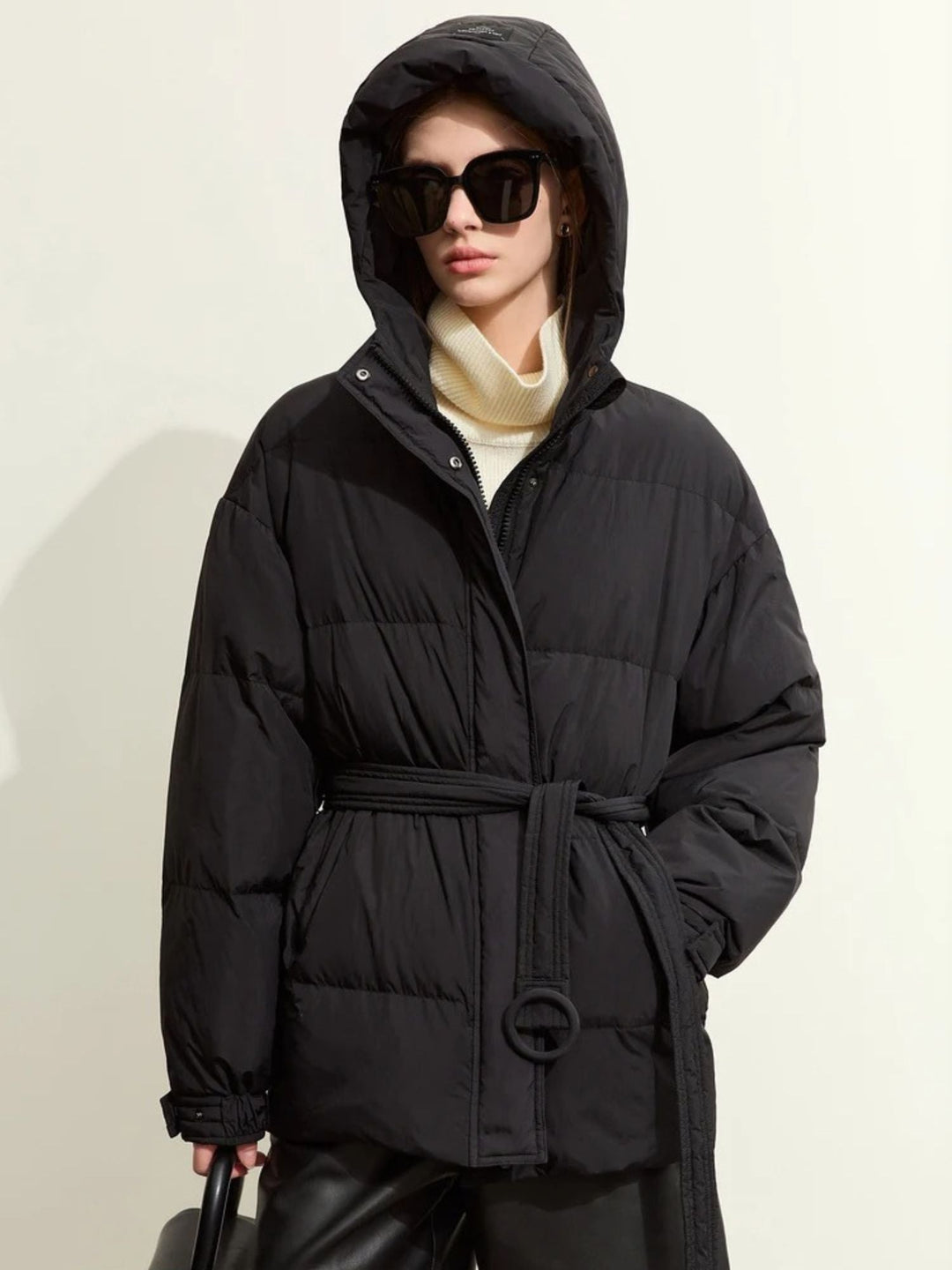 Women's down jacket with belt and hood, high-quality duck down, modern fit