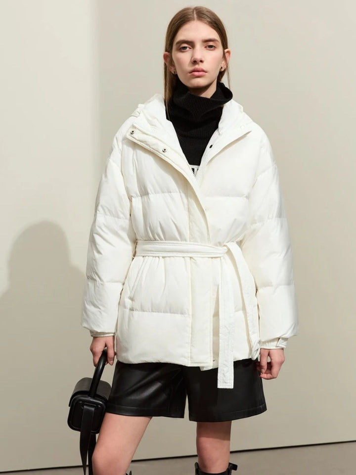 Women's down jacket with belt and hood, high-quality duck down, modern fit
