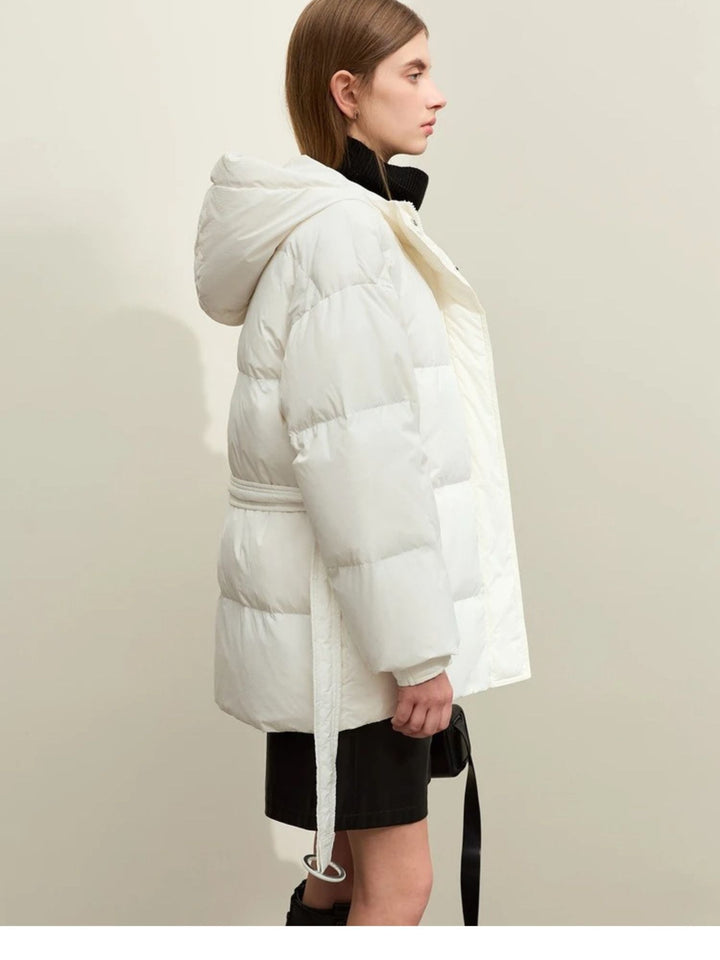 Women's down jacket with belt and hood, high-quality duck down, modern fit