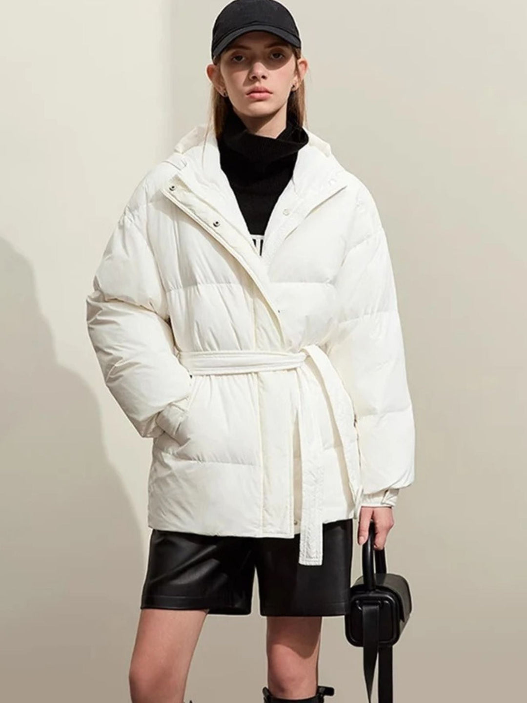 Women's down jacket with belt and hood, high-quality duck down, modern fit