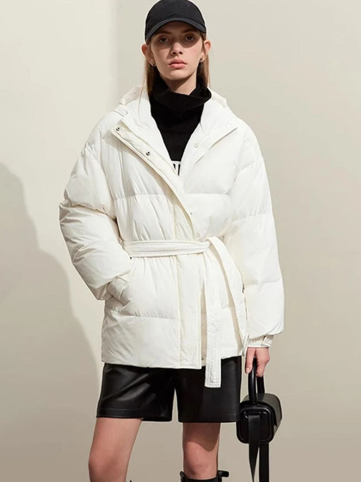 Women's down jacket with belt and hood, high-quality duck down, modern fit