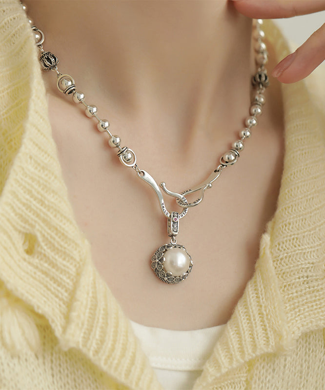 Damen Halskette Perlenanhänger Silber Retro 3
