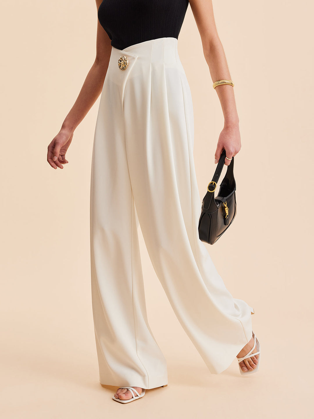 Pantalon large taille haute pour femmes avec des ornements