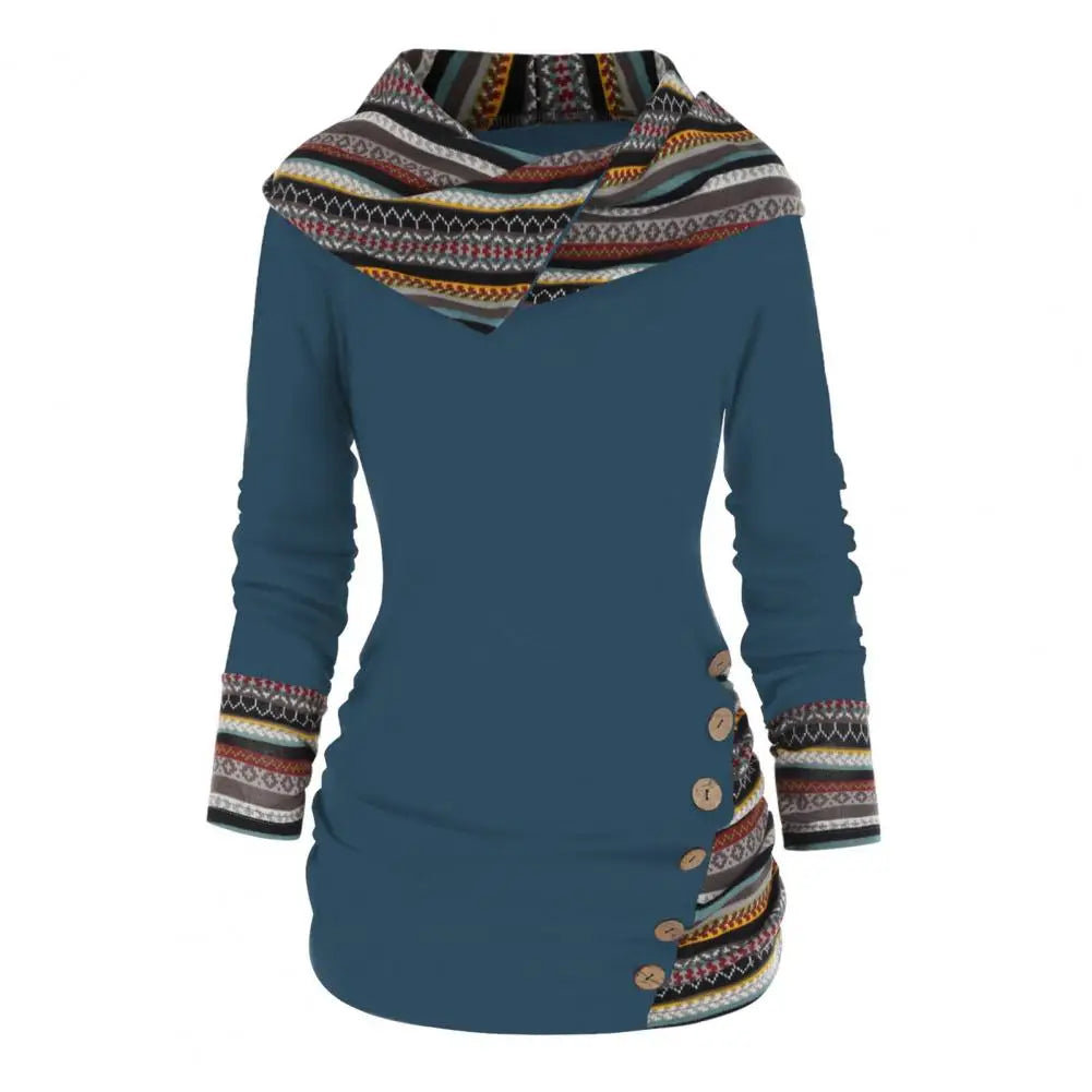 Women's Hoodie Cotton Ethno-Style with Hood and Geometric Patterns