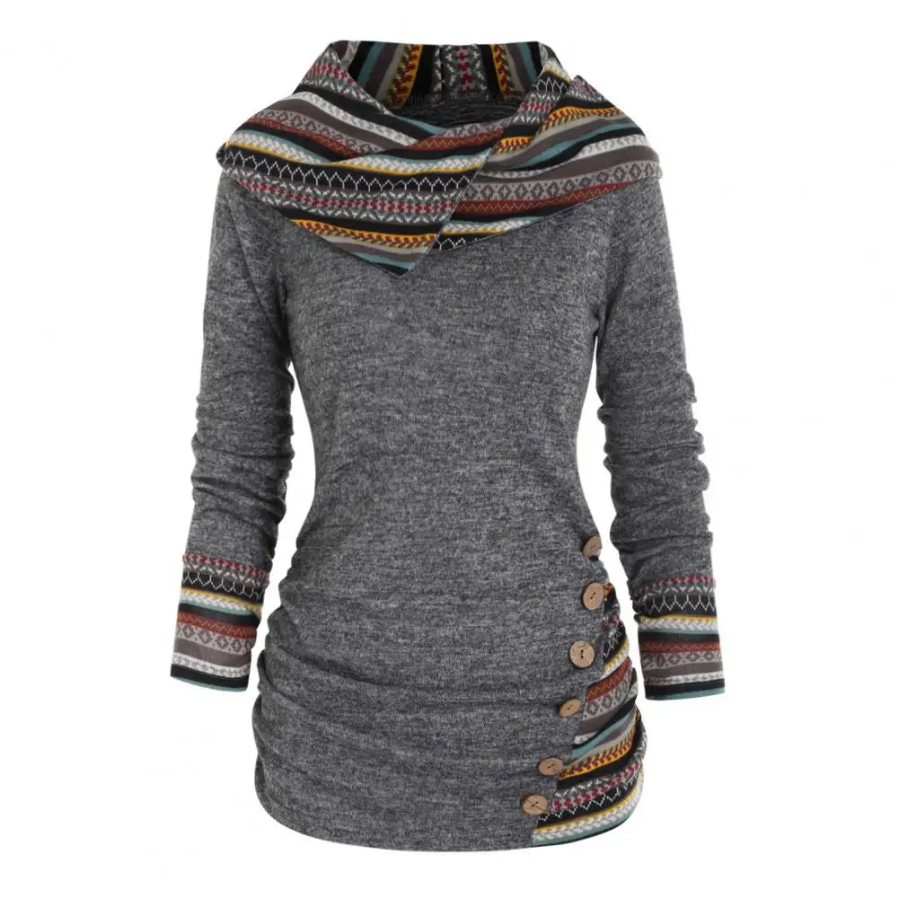 Women's Hoodie Cotton Ethno-Style with Hood and Geometric Patterns