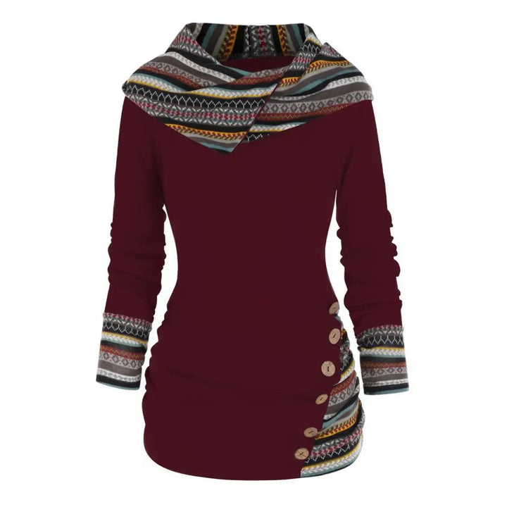 Women's Hoodie Cotton Ethno-Style with Hood and Geometric Patterns