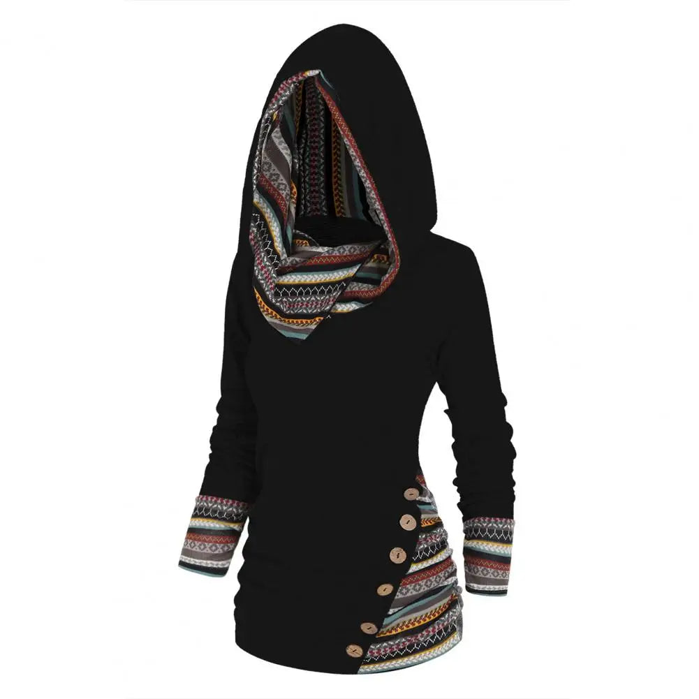 Women's Hoodie Cotton Ethno-Style with Hood and Geometric Patterns