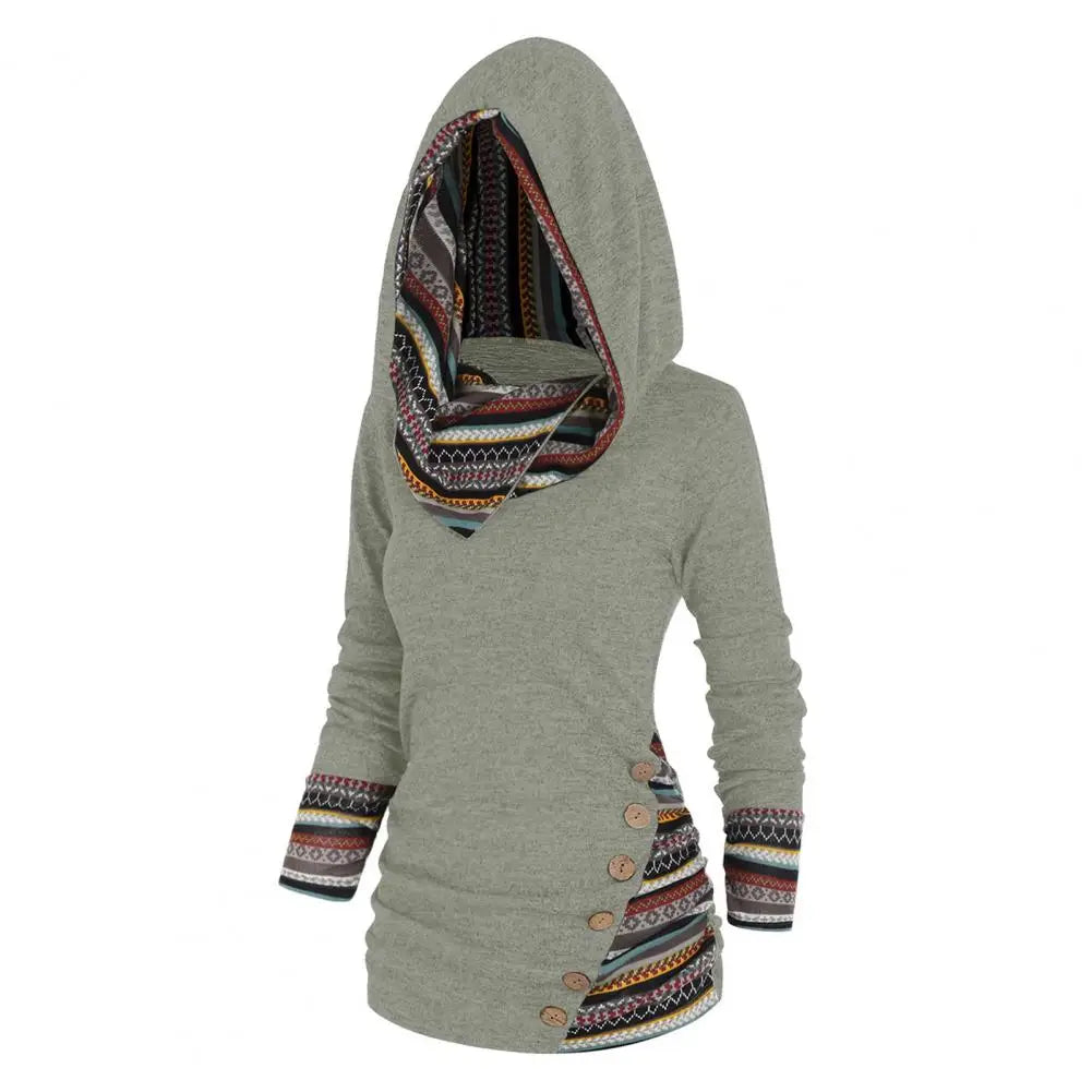 Women's Hoodie Cotton Ethno-Style with Hood and Geometric Patterns
