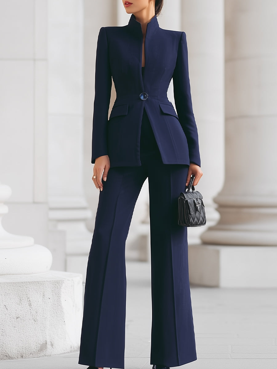 Damen Hosenanzug Elegant Blazer mit Hohem Kragen und Weiter Hose 0