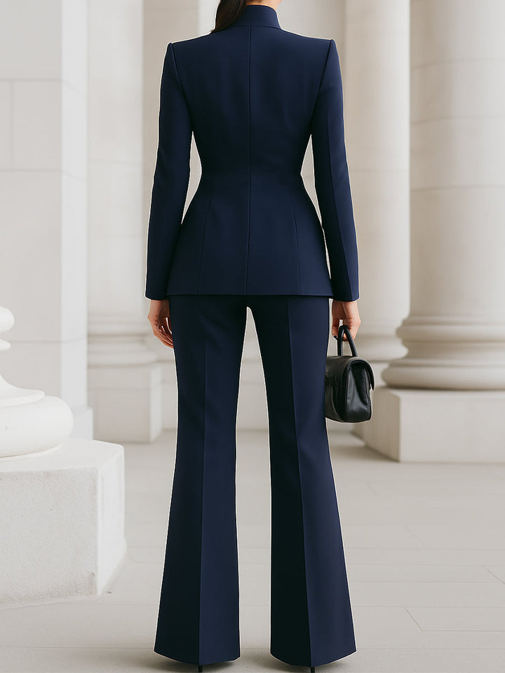 Damen Hosenanzug Elegant Blazer mit Hohem Kragen und Weiter Hose 3