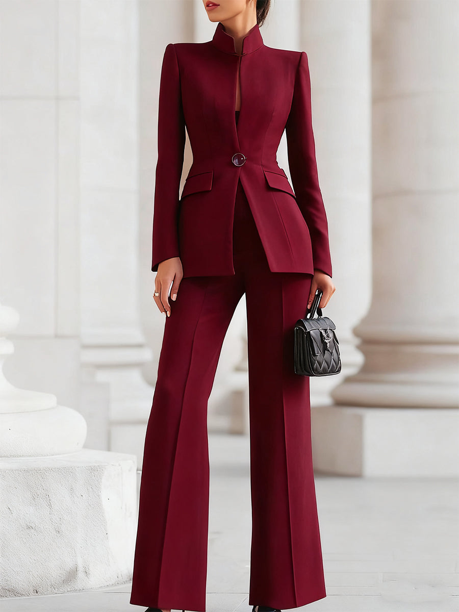 Damen Hosenanzug Elegant Blazer mit Hohem Kragen und Weiter Hose 6