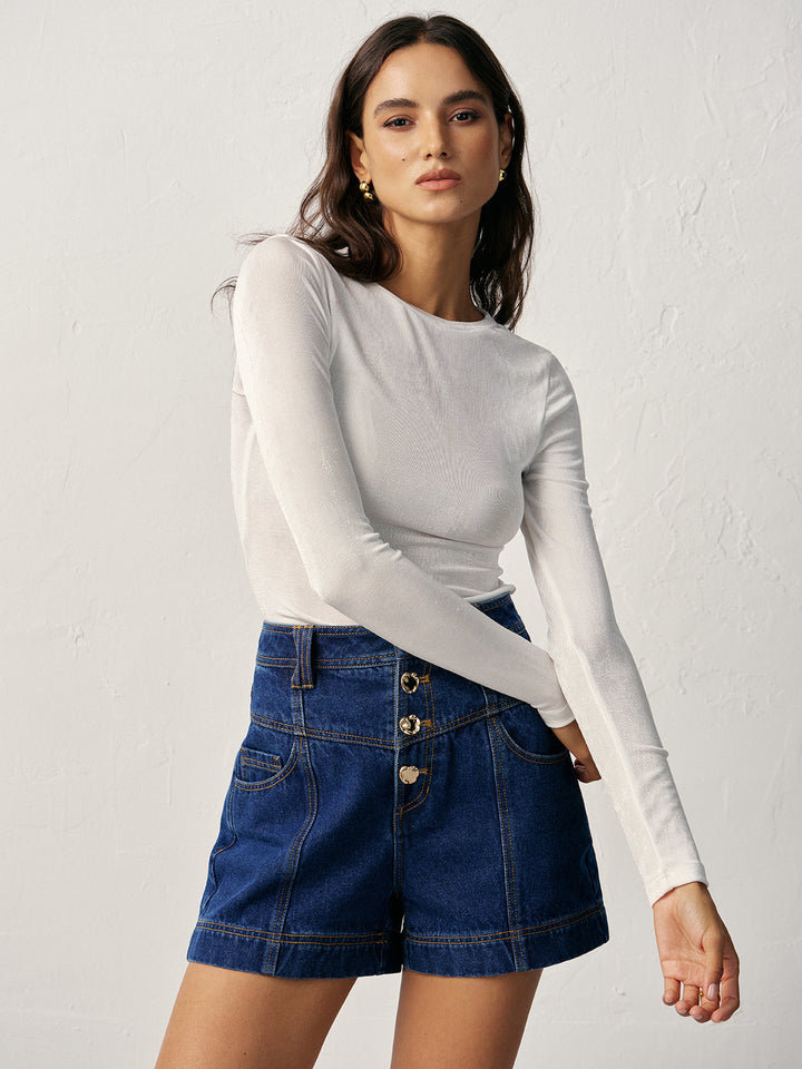 Women's denim shorts – high waist cotton, high waisted with button closure