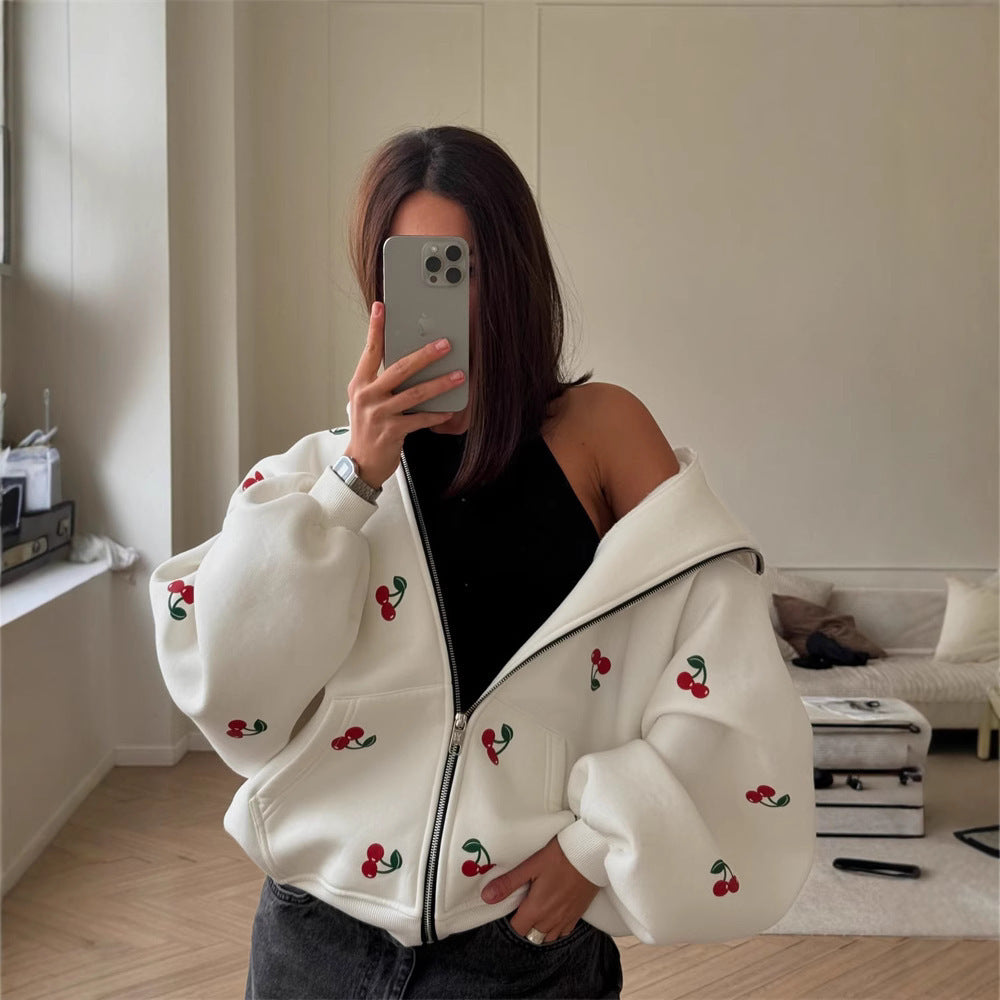 Women's hooded sweatshirt hoodie with zipper and fruity print