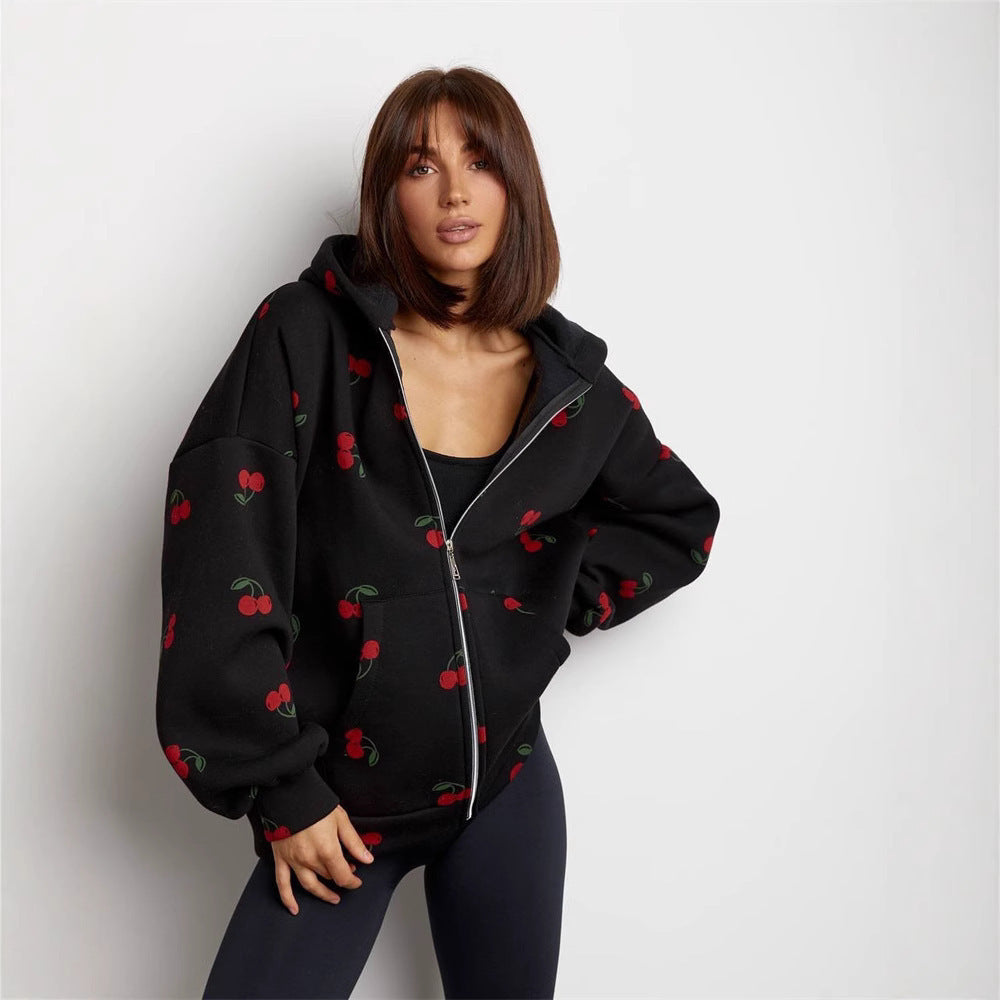 Women's hooded sweatshirt hoodie with zipper and fruity print