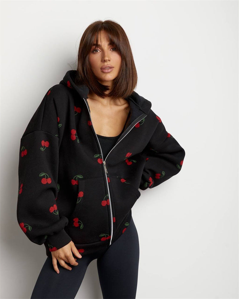 Women's hooded sweatshirt hoodie with zipper and fruity print