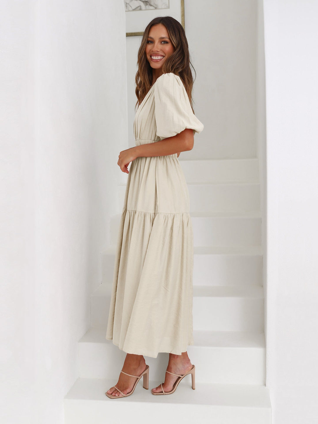 Women's Dress with Puff Sleeves Elegant Design Flowing Fabric