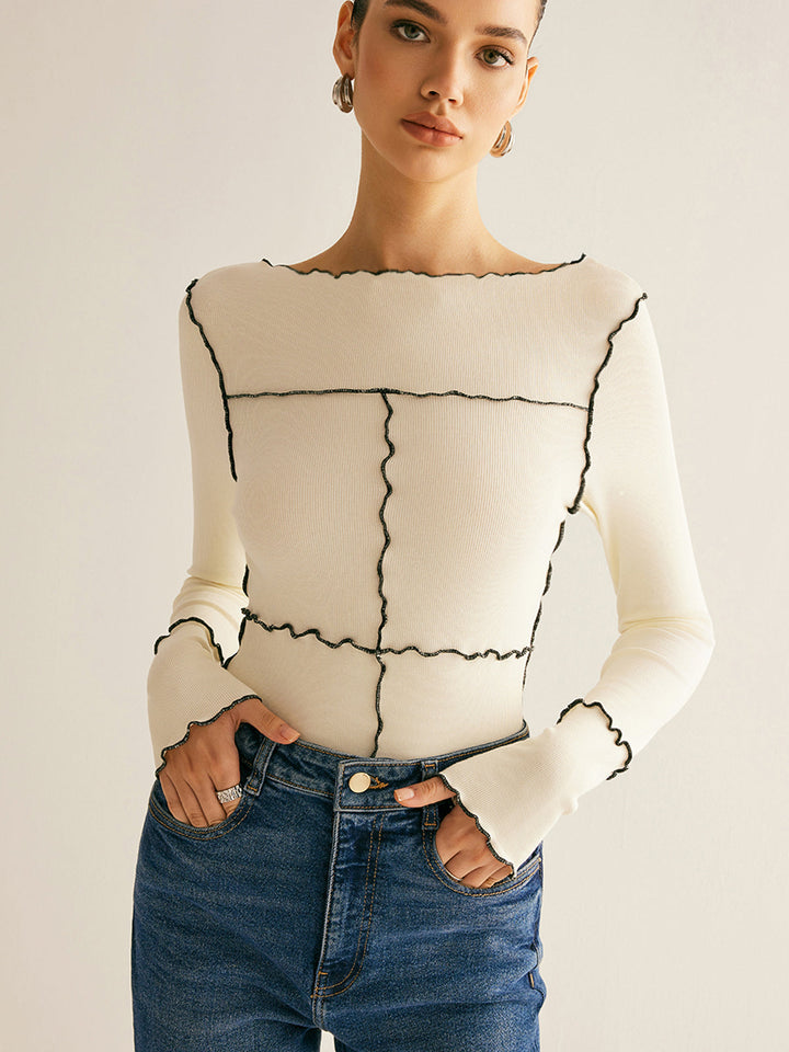Women's long-sleeve shirt cotton lyocell slim fit with lettuce trim