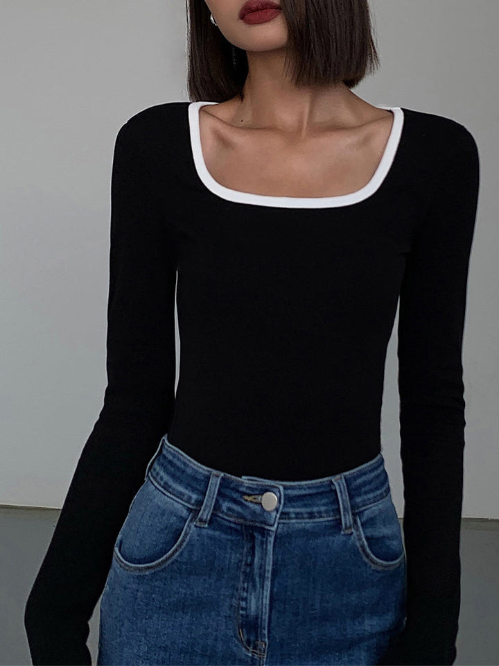 Women's long-sleeve jersey top with contrast neckline