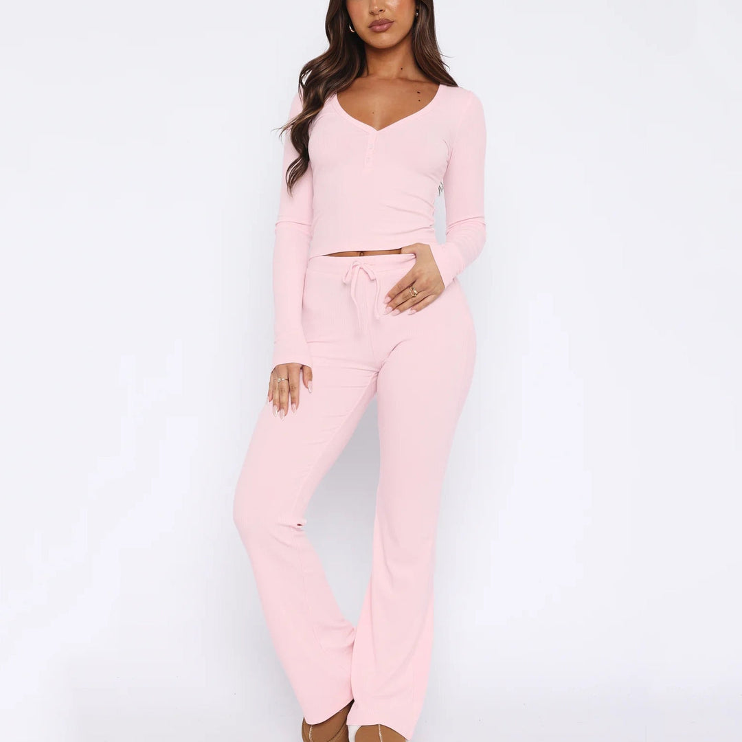 Women's loungewear set ribbed fabric comfortable fit V-neck