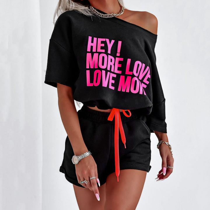 Women's loungewear set soft fabric graphic print cropped top shorts