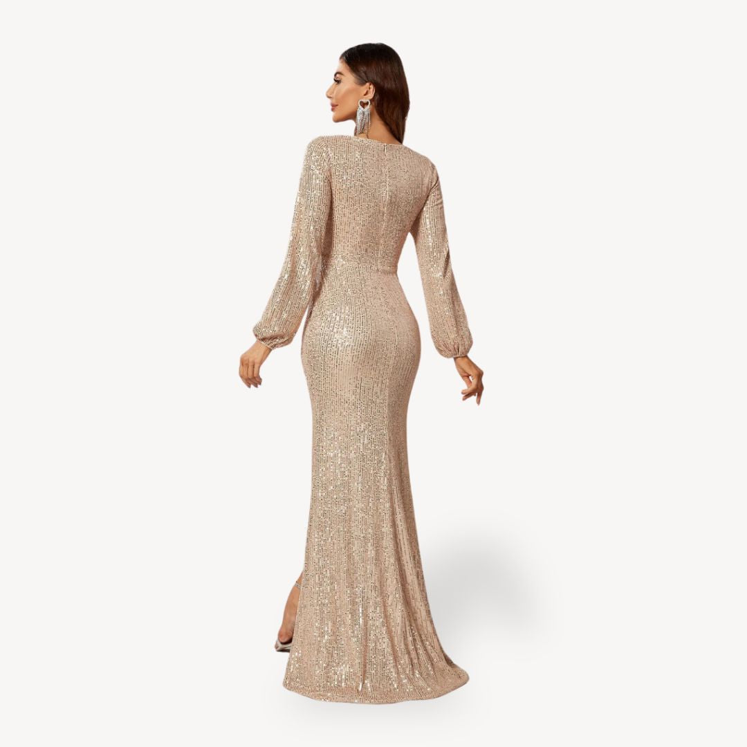 Damen Maxikleid Langarm Pailletten Festlich Zweiteilig 3