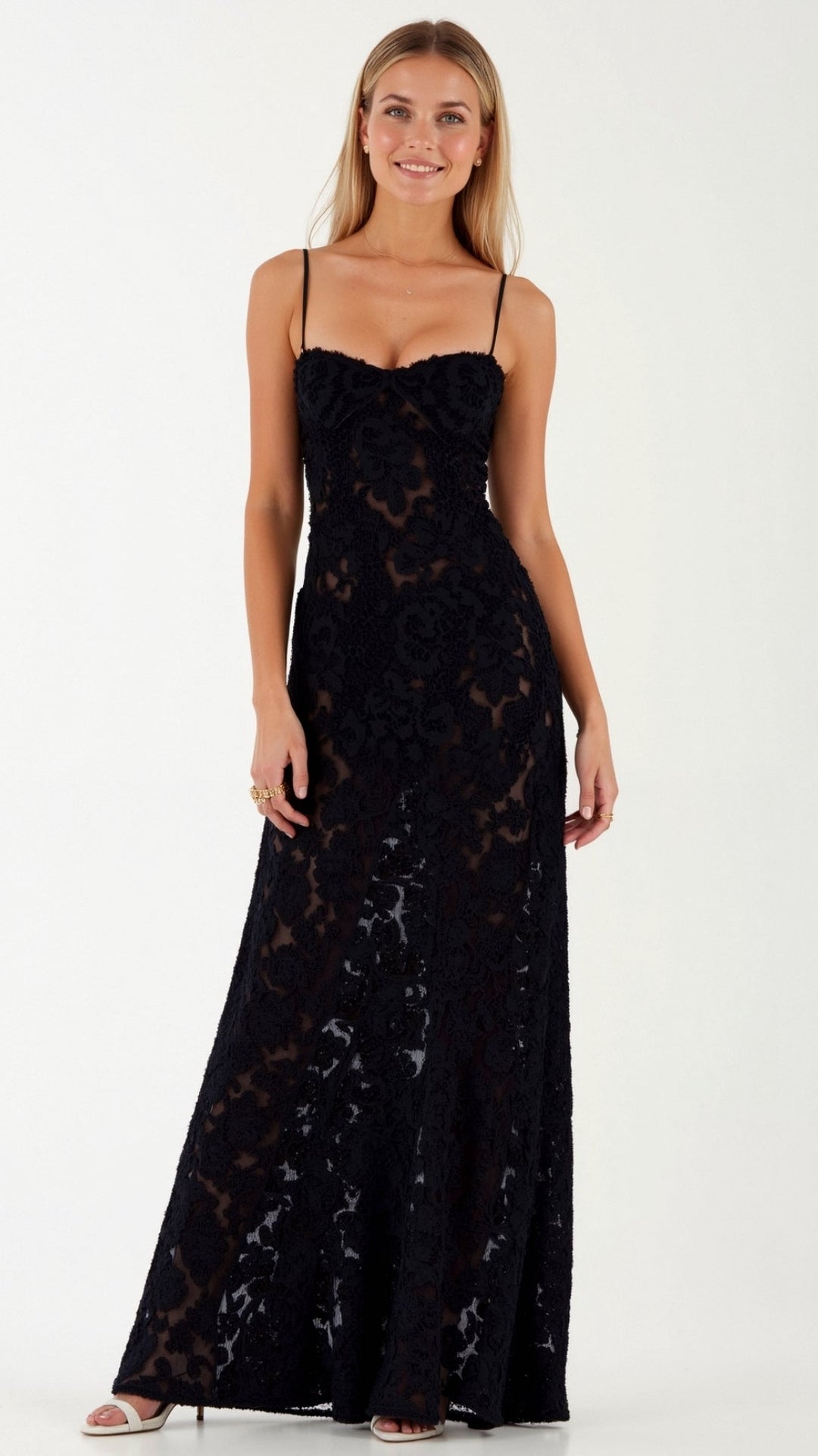 Damen Maxikleid Spitze Elegante Silhouette Blumen-Jacquard Figurbetont 10