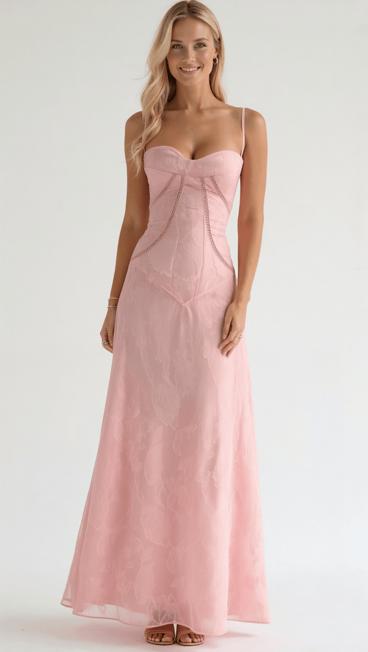 Damen Maxikleid Spitze Elegante Silhouette Blumen-Jacquard Figurbetont 3