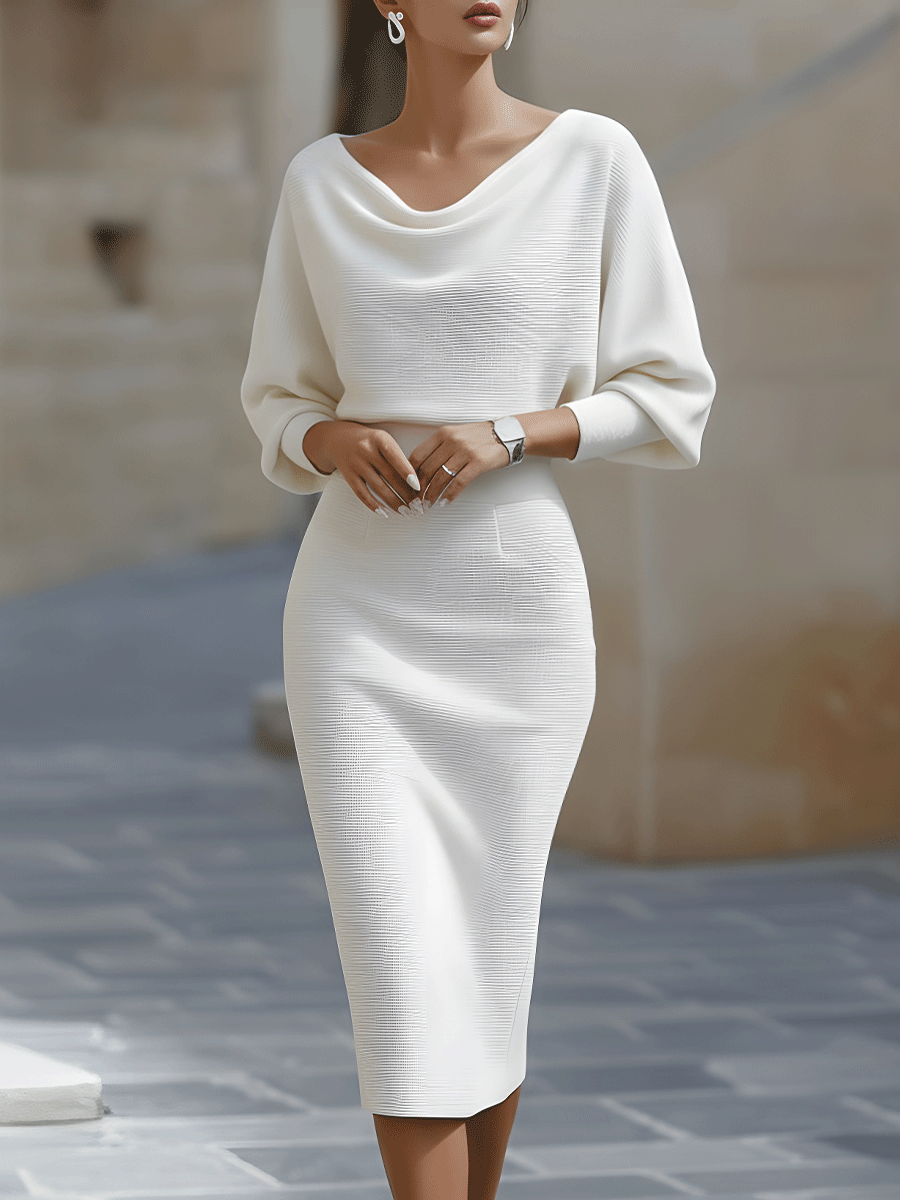 Damen Midi Kleid Drapiert Wasserfall Bleistiftrock Elegantes Kleid für Hochzeitsgast 0