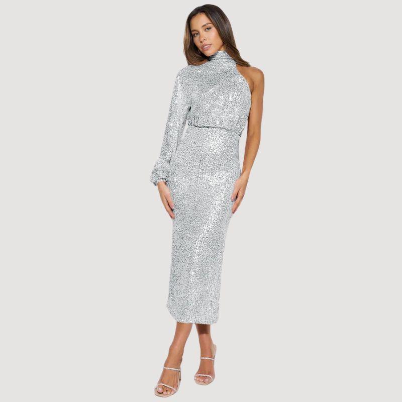 Damen Midi Kleid Pailletten Asymmetrisch Cocktailkleid für Elegante Anlässe 6