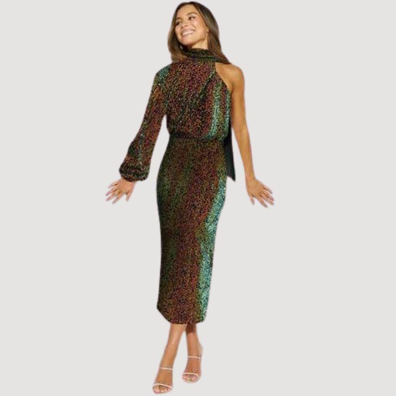 Damen Midi Kleid Pailletten Asymmetrisch Cocktailkleid für Elegante Anlässe 7