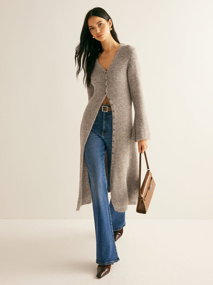 Women's Maxi Sweater V-Neck Knit with Slit