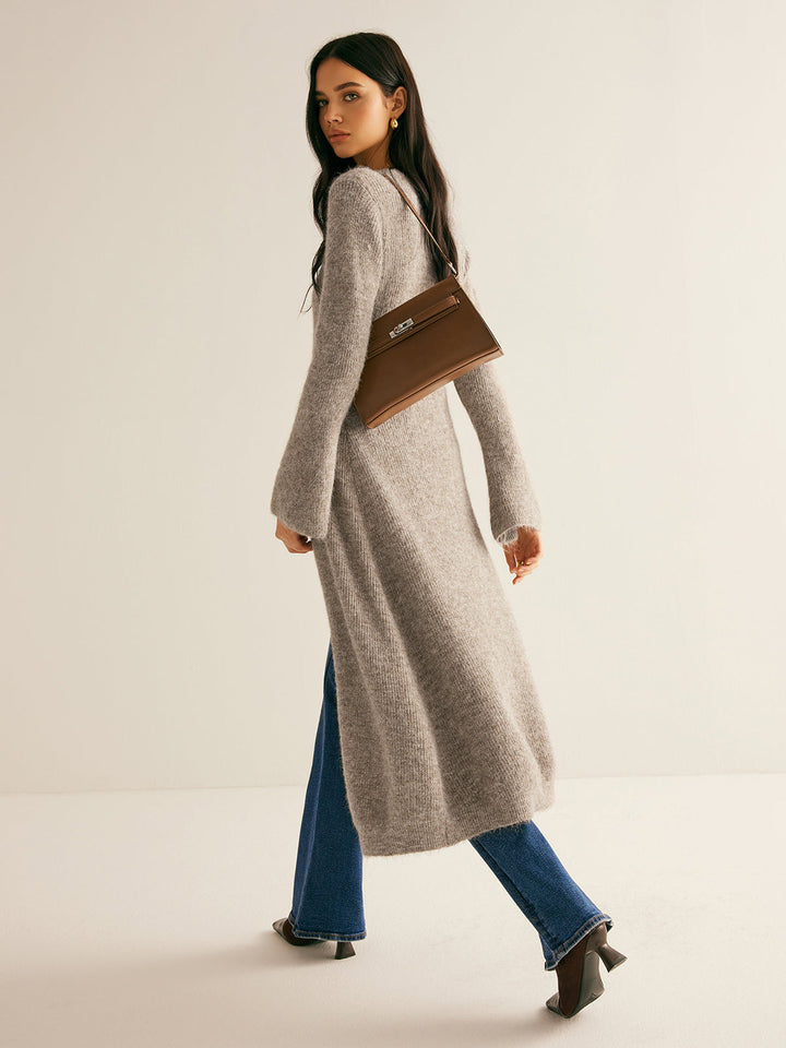 Women's Maxi Sweater V-Neck Knit with Slit