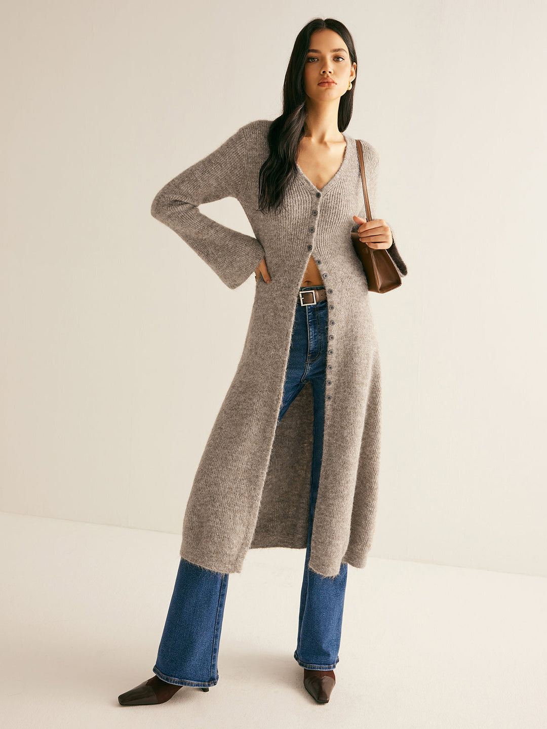 Women's Maxi Sweater V-Neck Knit with Slit