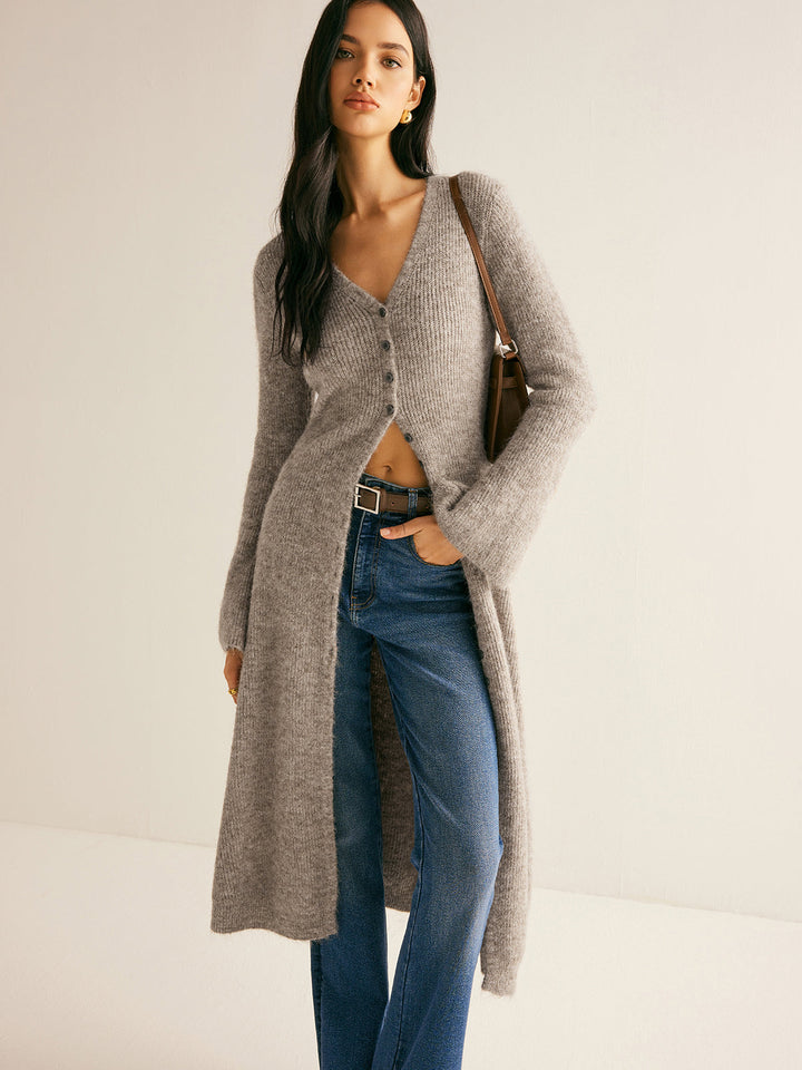 Women's Maxi Sweater V-Neck Knit with Slit