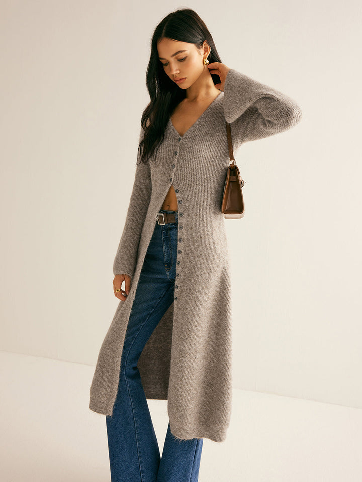 Women's Maxi Sweater V-Neck Knit with Slit