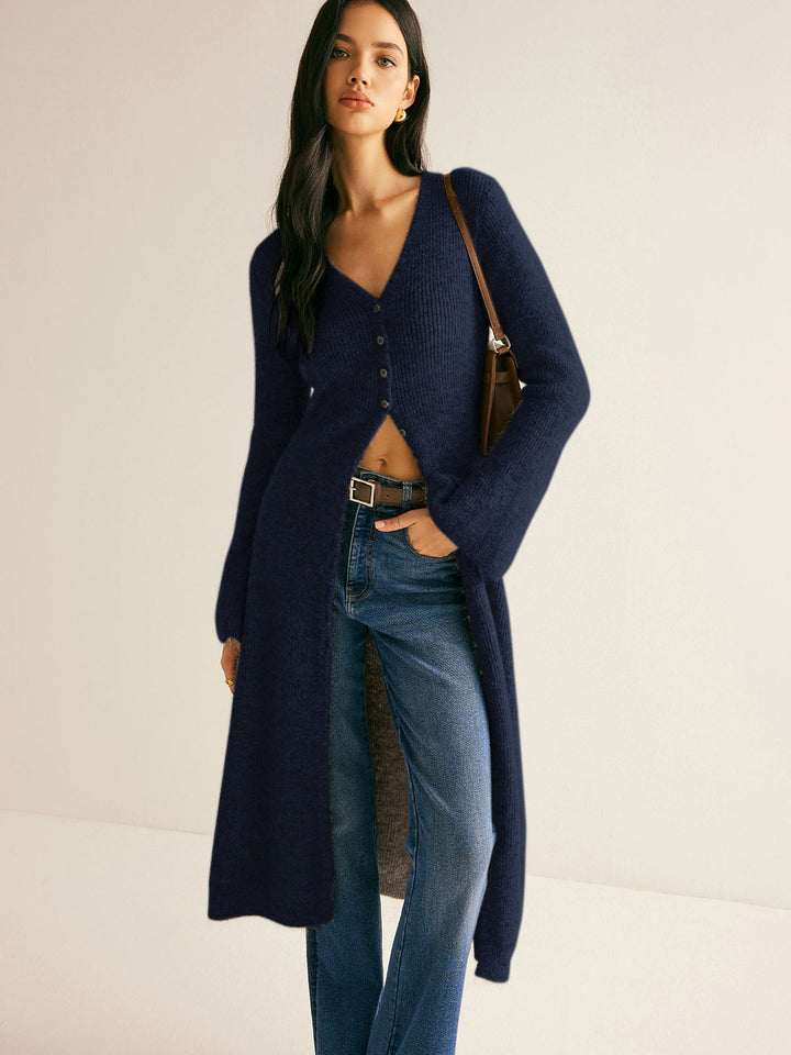 Women's Maxi Sweater V-Neck Knit with Slit