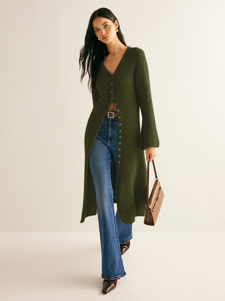 Women's Maxi Sweater V-Neck Knit with Slit
