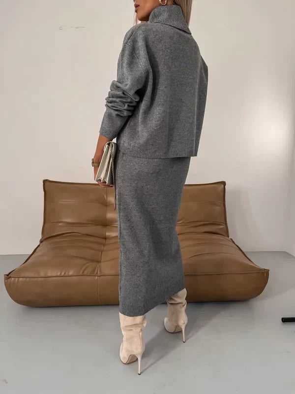 Women's midi dress with matching warm cardigan